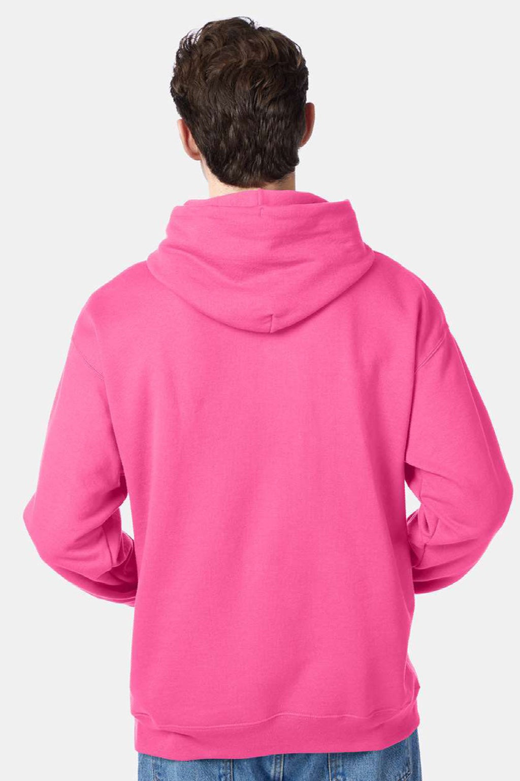 Hanes P170 Mens EcoSmart Print Pro XP Pill Resistant Hooded Sweatshirt Hoodie w/ Pouch Pocket Safety Pink Model Back