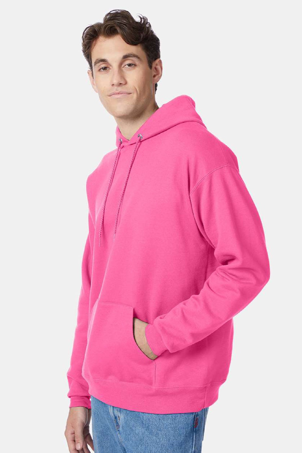 Hanes P170 Mens EcoSmart Print Pro XP Pill Resistant Hooded Sweatshirt Hoodie w/ Pouch Pocket Safety Pink Model Side