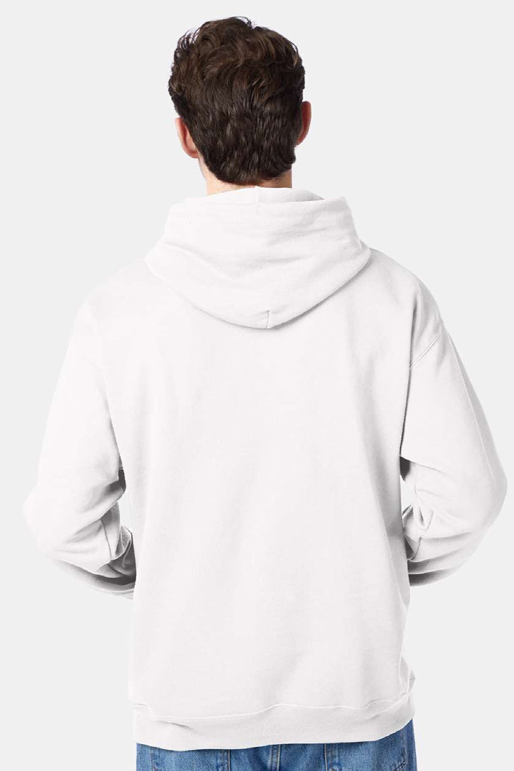 Hanes P170 Mens EcoSmart Print Pro XP Pill Resistant Hooded Sweatshirt Hoodie w/ Pouch Pocket White Model Back
