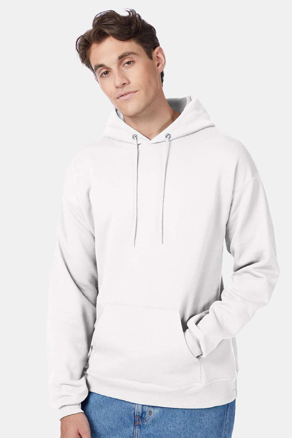 Hanes P170 Mens EcoSmart Print Pro XP Pill Resistant Hooded Sweatshirt Hoodie w/ Pouch Pocket White Model Front