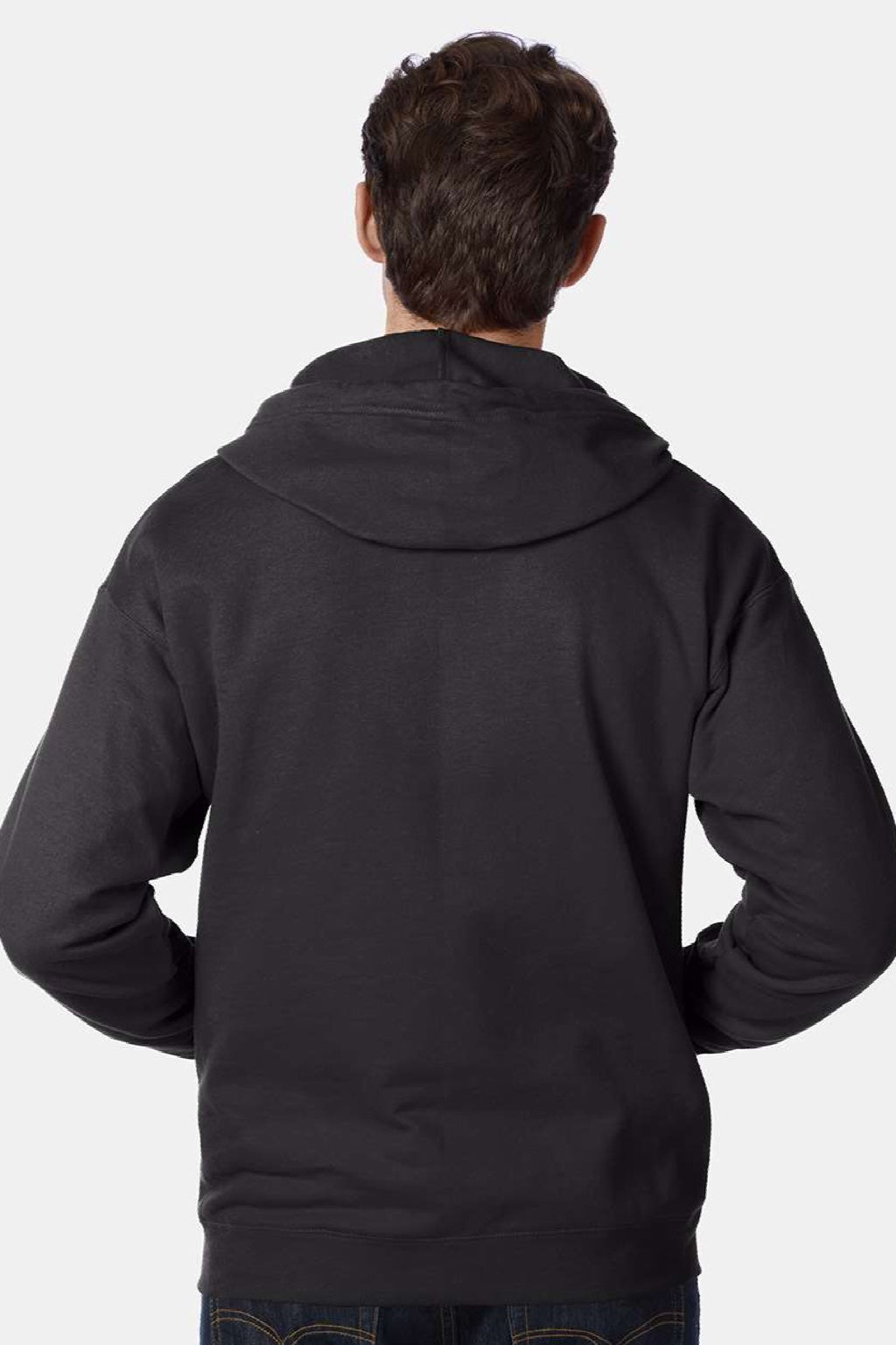 Hanes P180 Mens EcoSmart Print Pro XP Pill Resistant Full Zip Hooded Sweatshirt Hoodie w/ Pockets Black Model Back