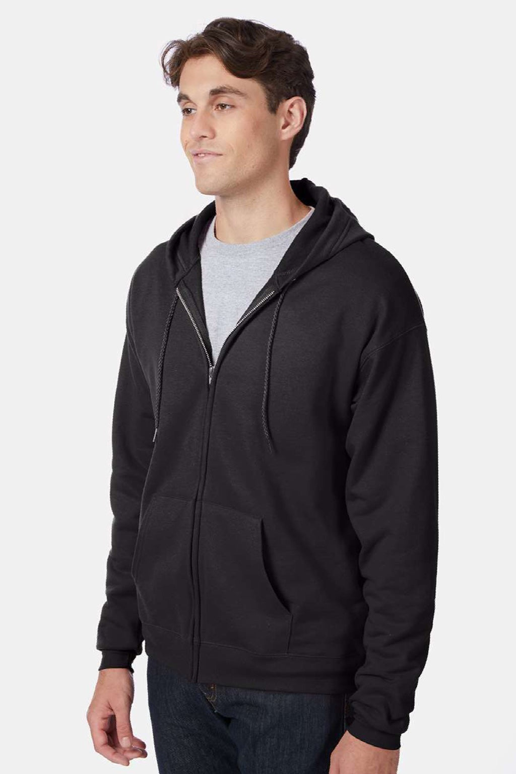 Hanes P180 Mens EcoSmart Print Pro XP Pill Resistant Full Zip Hooded Sweatshirt Hoodie w/ Pockets Black Model Side