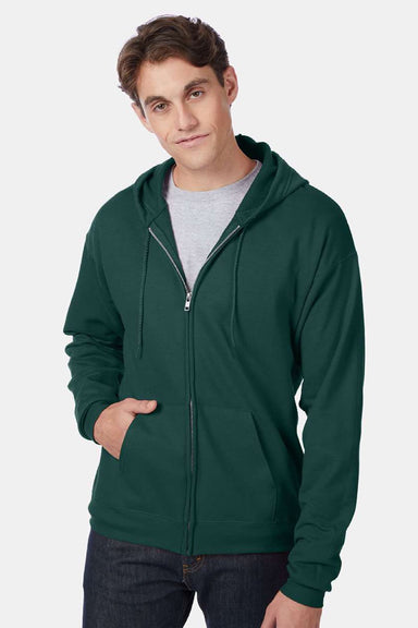 Hanes P180 Mens EcoSmart Print Pro XP Pill Resistant Full Zip Hooded Sweatshirt Hoodie w/ Pockets Deep Forest Green Model Front