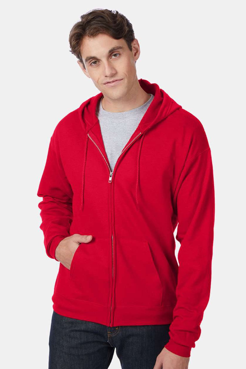 Hanes P180 Mens EcoSmart Print Pro XP Pill Resistant Full Zip Hooded Sweatshirt Hoodie w/ Pockets Deep Red Model Front