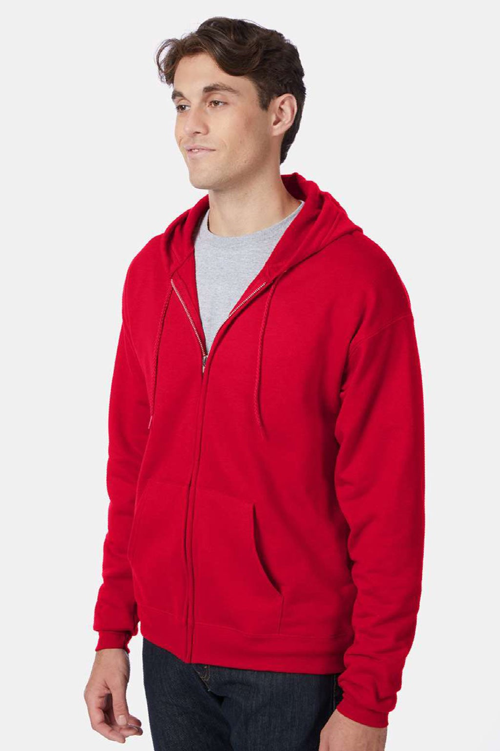 Hanes P180 Mens EcoSmart Print Pro XP Pill Resistant Full Zip Hooded Sweatshirt Hoodie w/ Pockets Deep Red Model Side