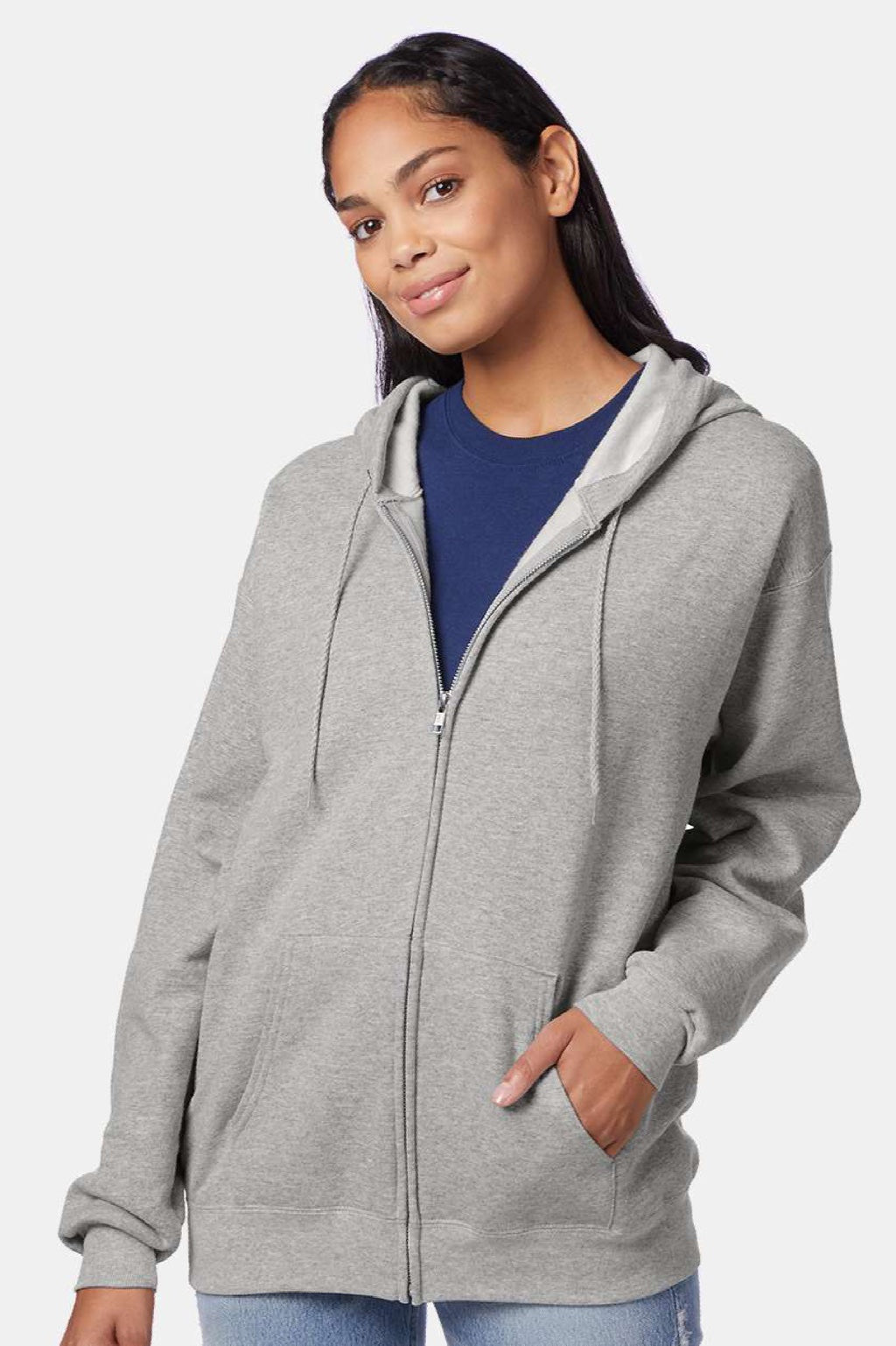 Hanes P180 Mens EcoSmart Print Pro XP Pill Resistant Full Zip Hooded Sweatshirt Hoodie w/ Pockets Light Steel Grey Model Front