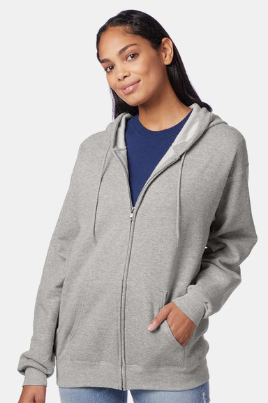 Hanes P180 Mens EcoSmart Print Pro XP Pill Resistant Full Zip Hooded Sweatshirt Hoodie w/ Pockets Light Steel Grey Model Front