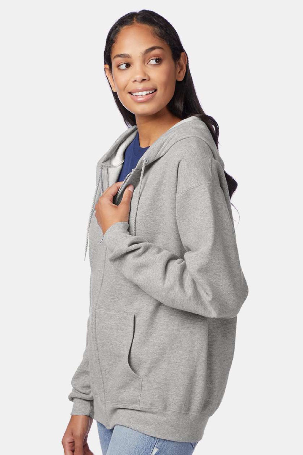 Hanes P180 Mens EcoSmart Print Pro XP Pill Resistant Full Zip Hooded Sweatshirt Hoodie w/ Pockets Light Steel Grey Model Side