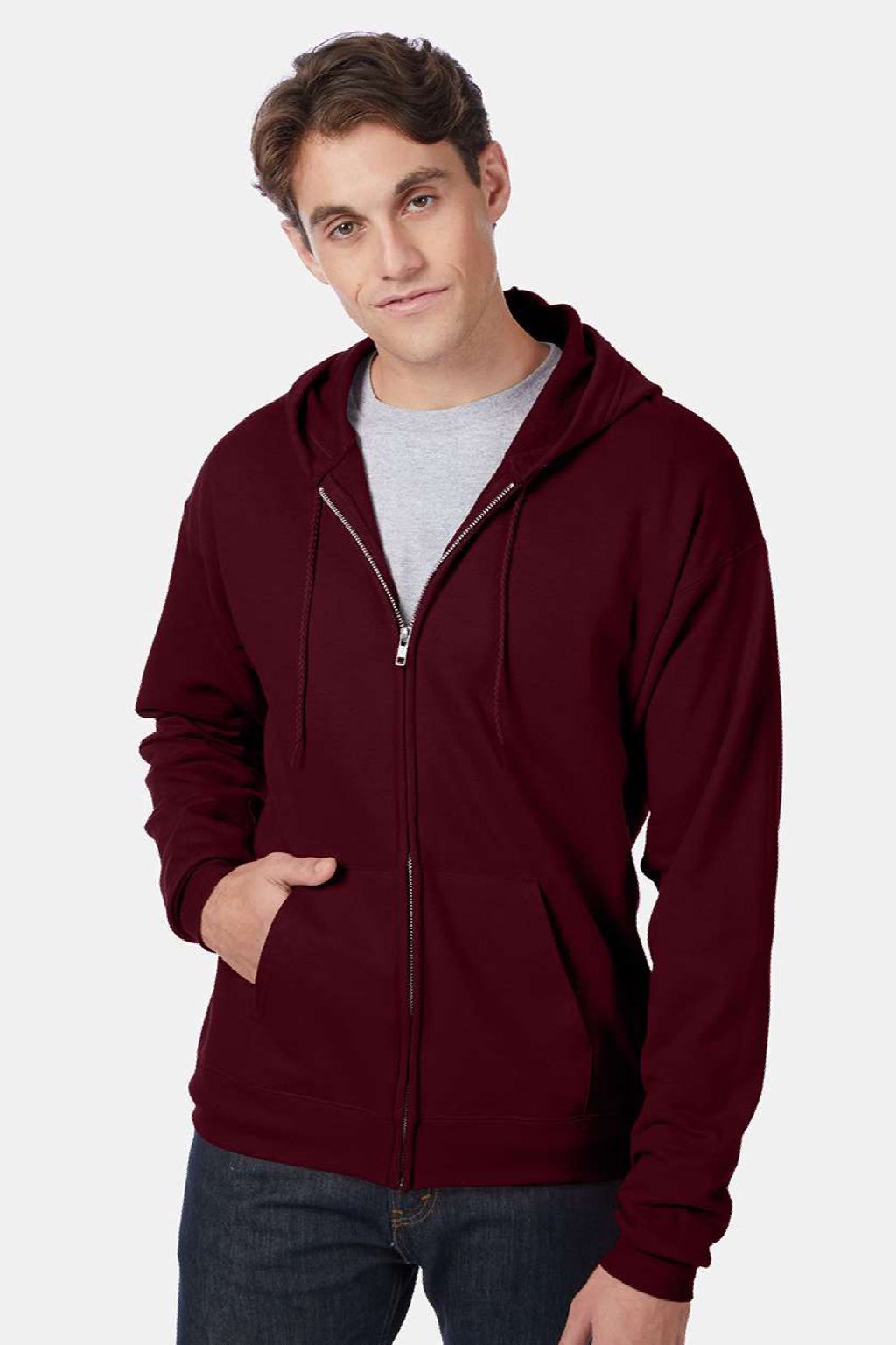 Hanes P180 Mens EcoSmart Print Pro XP Pill Resistant Full Zip Hooded Sweatshirt Hoodie w/ Pockets Maroon Model Front