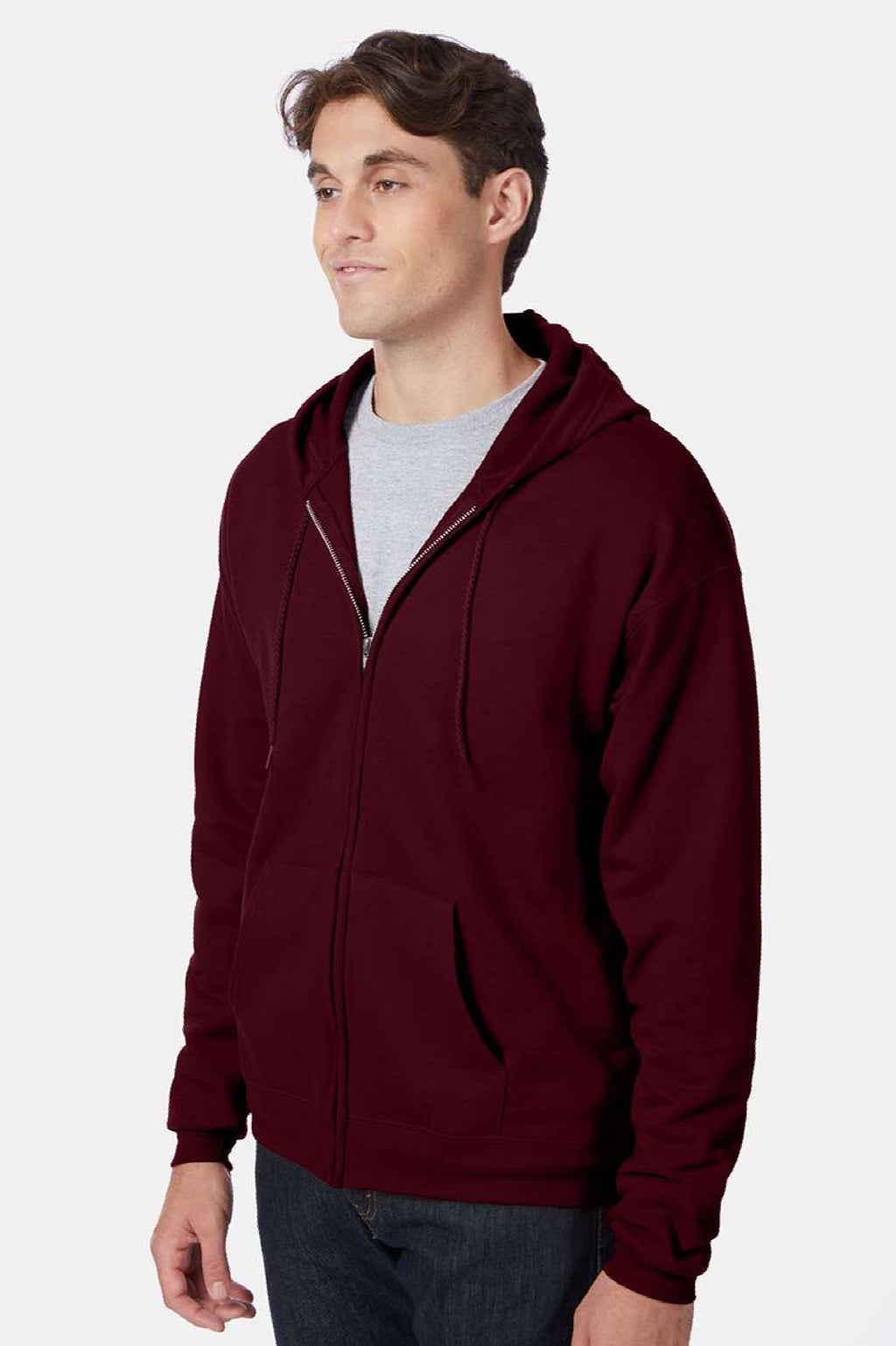 Hanes P180 Mens EcoSmart Print Pro XP Pill Resistant Full Zip Hooded Sweatshirt Hoodie w/ Pockets Maroon Model Side