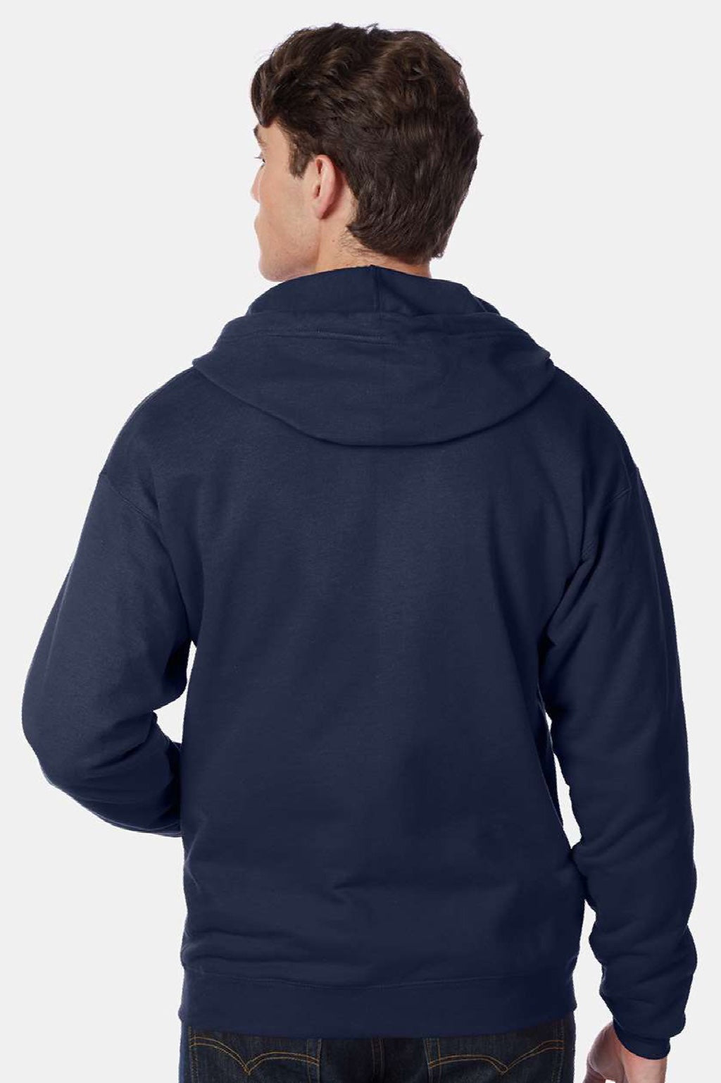 Hanes P180 Mens EcoSmart Print Pro XP Pill Resistant Full Zip Hooded Sweatshirt Hoodie w/ Pockets Navy Blue Model Back