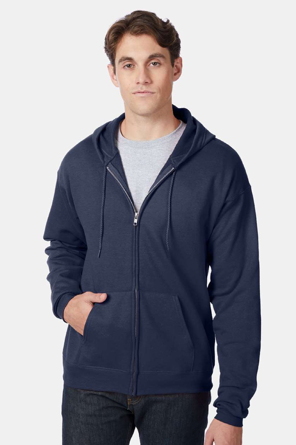 Hanes P180 Mens EcoSmart Print Pro XP Pill Resistant Full Zip Hooded Sweatshirt Hoodie w/ Pockets Navy Blue Model Front