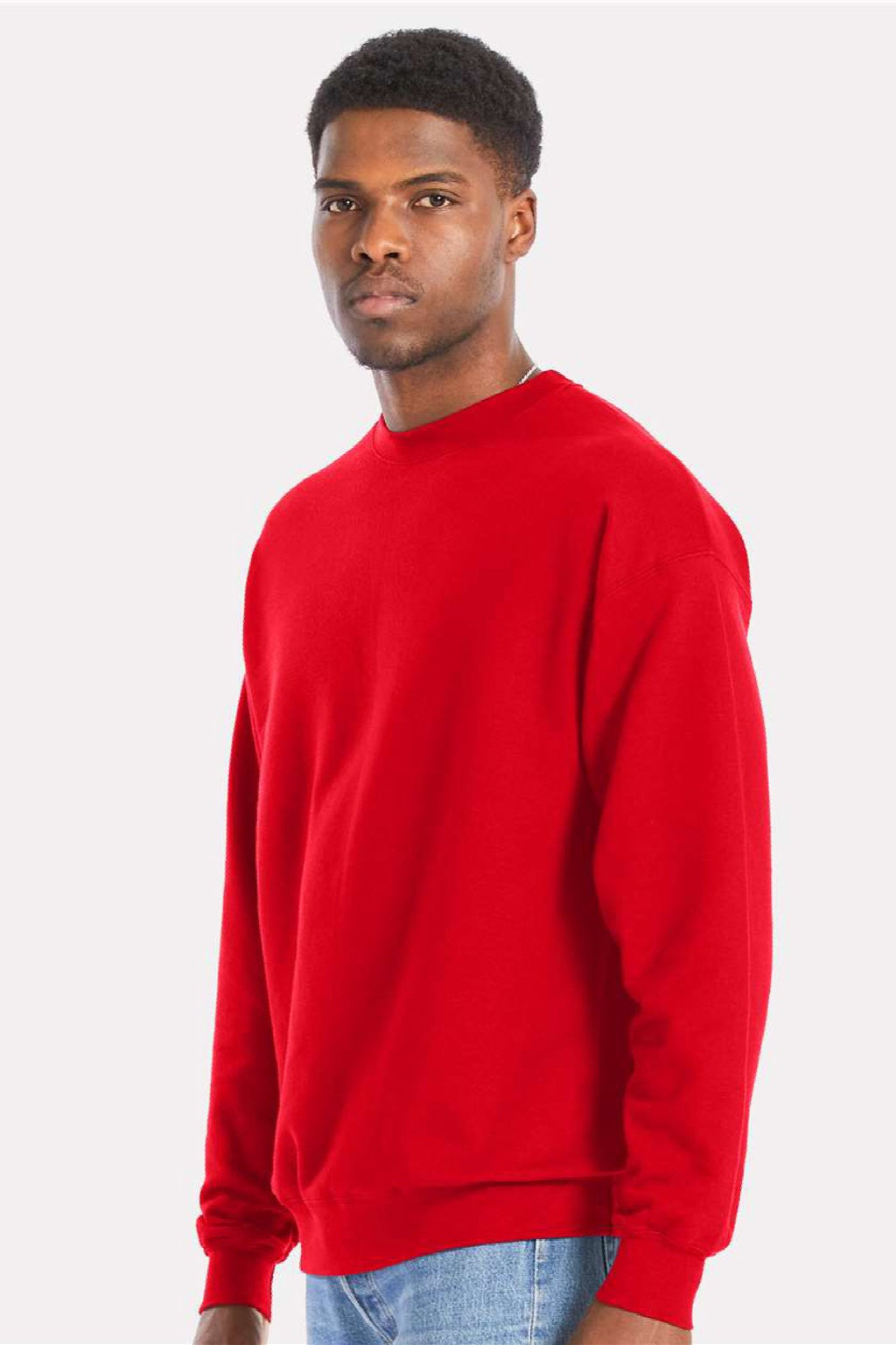 Hanes RS160 Mens Perfect Sweats Crewneck Sweatshirt Athletic Red Model Side
