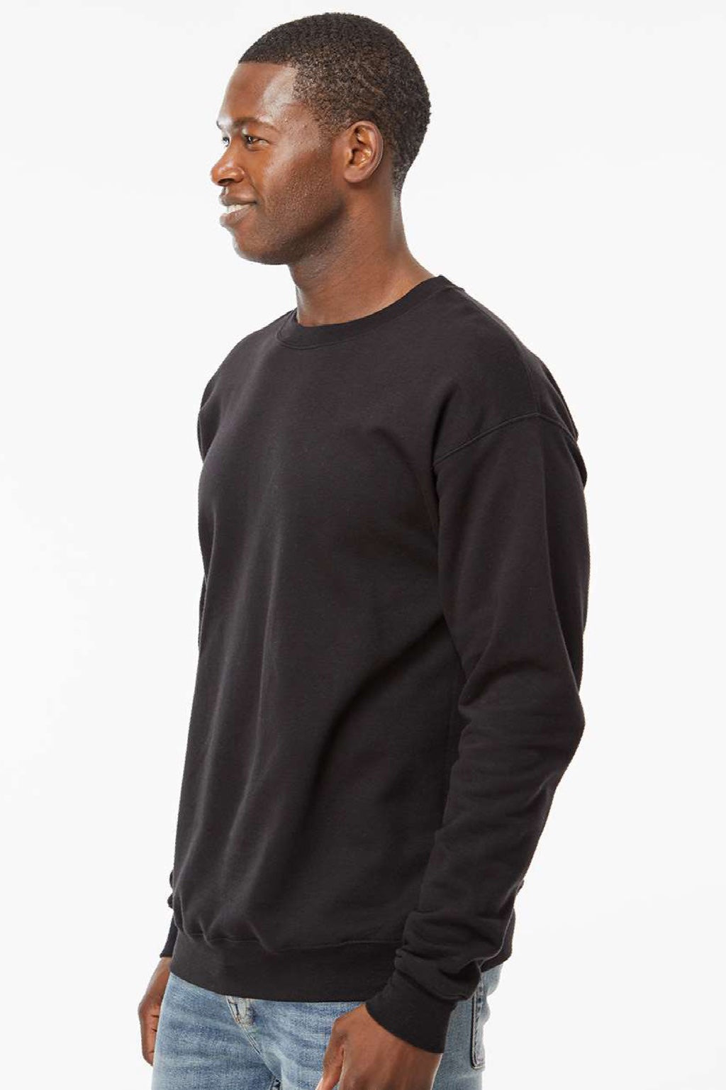 Hanes RS160 Mens Perfect Sweats Crewneck Sweatshirt Black Model Side