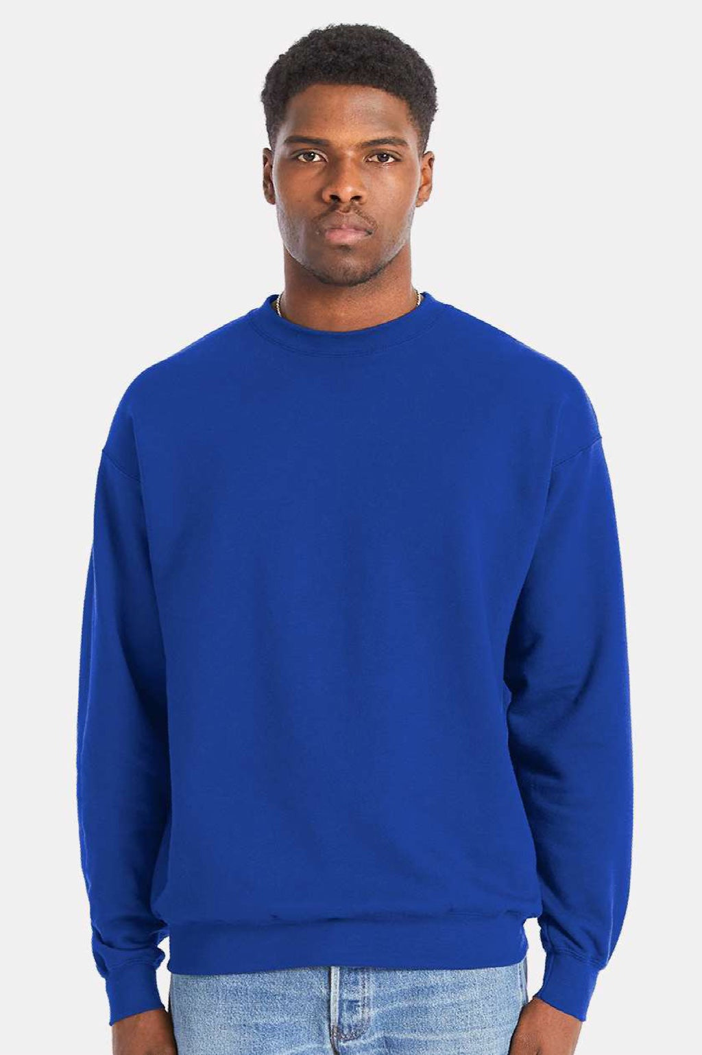 Hanes RS160 Mens Perfect Sweats Crewneck Sweatshirt Deep Royal Blue Model Front