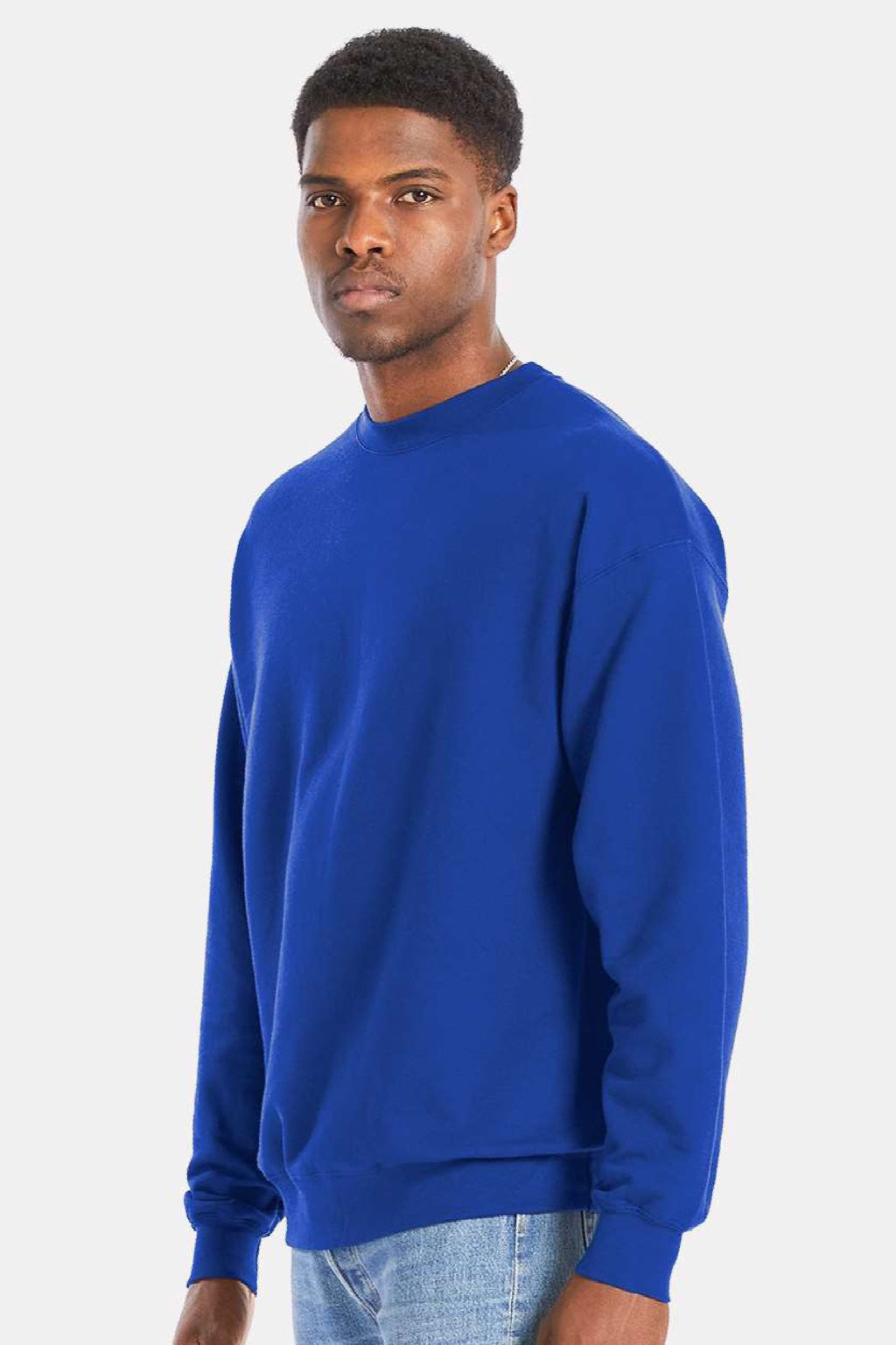 Hanes RS160 Mens Perfect Sweats Crewneck Sweatshirt Deep Royal Blue Model Side