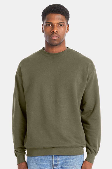 Hanes RS160 Mens Perfect Sweats Crewneck Sweatshirt Fatigue Green Model Front