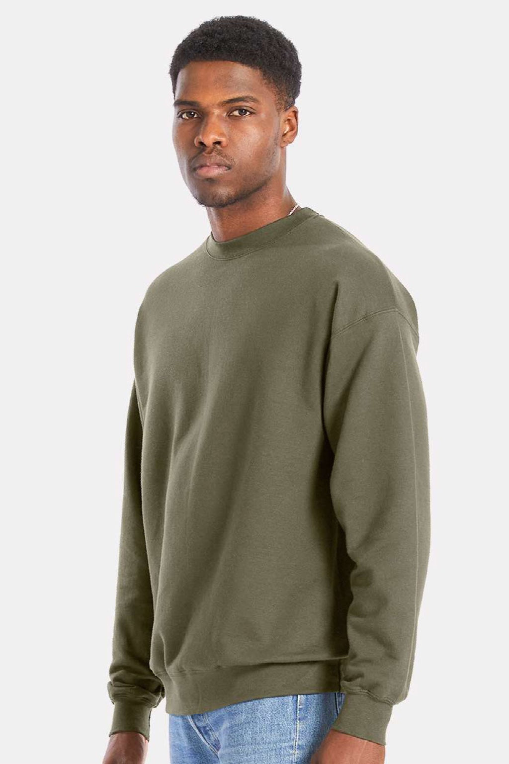 Hanes RS160 Mens Perfect Sweats Crewneck Sweatshirt Fatigue Green Model Side