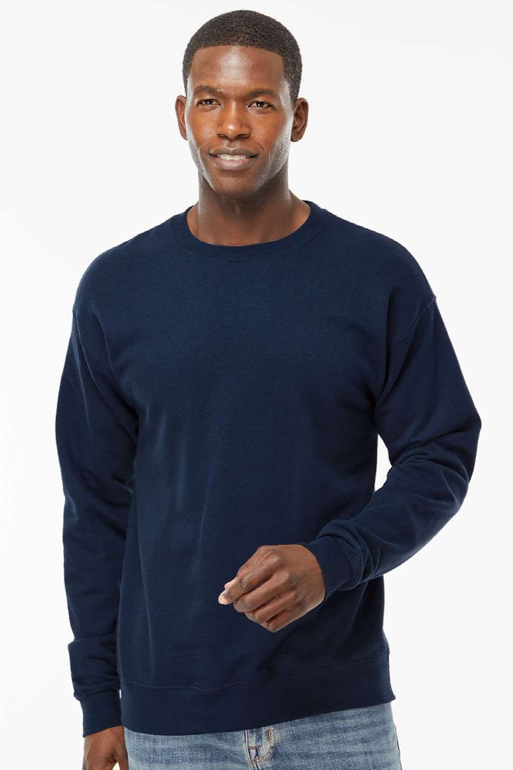 Hanes RS160 Mens Perfect Sweats Crewneck Sweatshirt Navy Blue Model Front