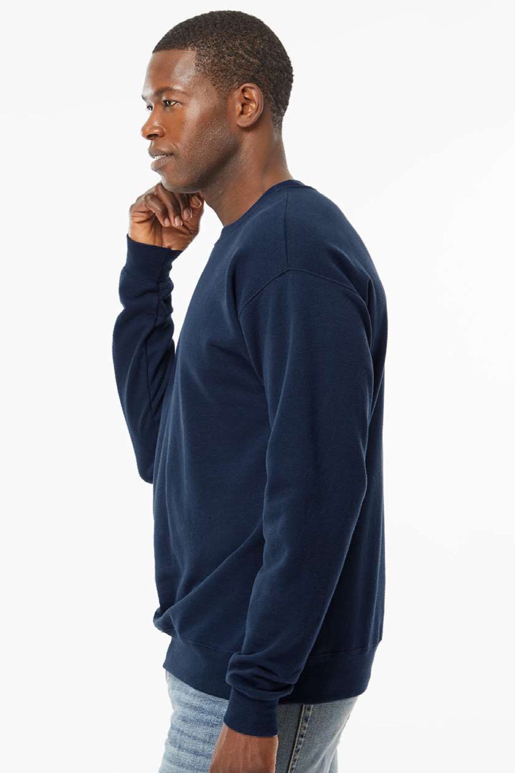 Hanes RS160 Mens Perfect Sweats Crewneck Sweatshirt Navy Blue Model Side
