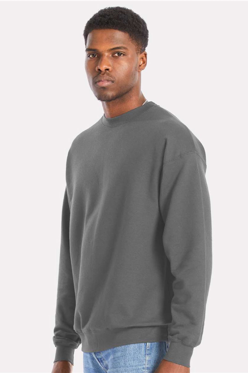 Hanes RS160 Mens Perfect Sweats Crewneck Sweatshirt Smoke Grey Model Side