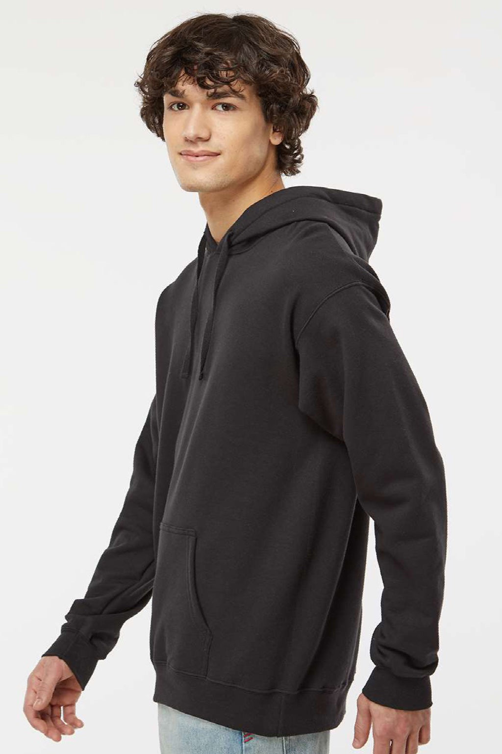 Hanes RS170 Mens Perfect Sweats Hooded Sweatshirt Hoodie w/ Pouch Pocket Black Model Side