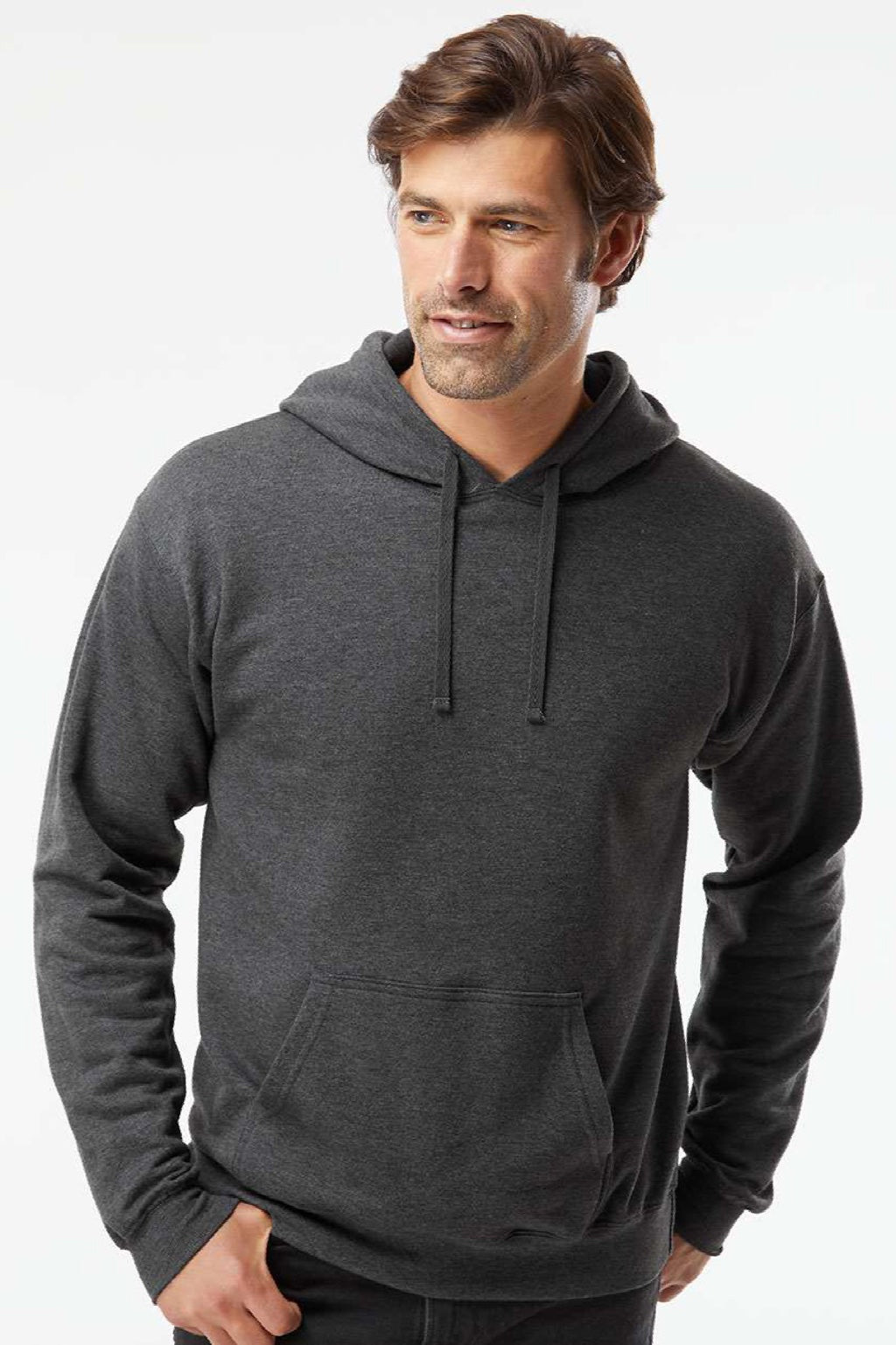 Hanes RS170 Mens Perfect Sweats Hooded Sweatshirt Hoodie w/ Pouch Pocket Heather Charcoal Grey Model Front