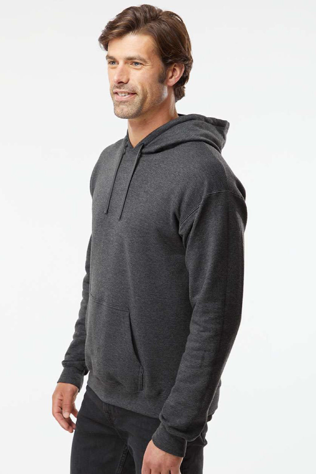 Hanes RS170 Mens Perfect Sweats Hooded Sweatshirt Hoodie w/ Pouch Pocket Heather Charcoal Grey Model Side