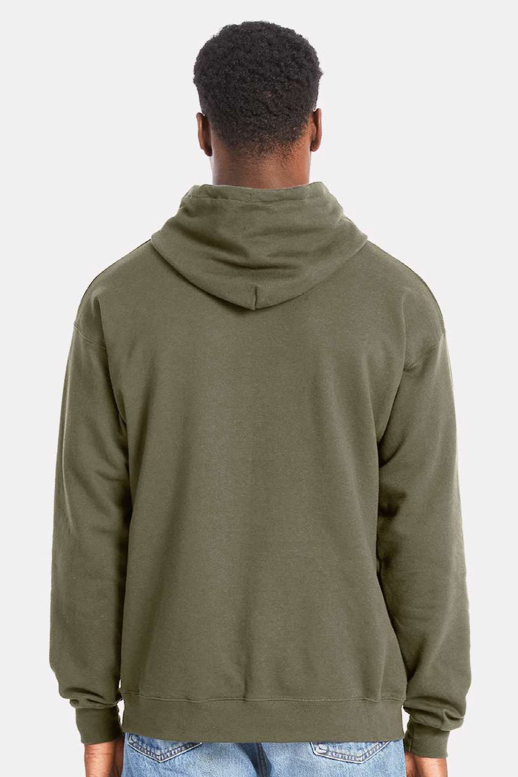Hanes RS170 Mens Perfect Sweats Hooded Sweatshirt Hoodie w/ Pouch Pocket Fatigue Green Model Back