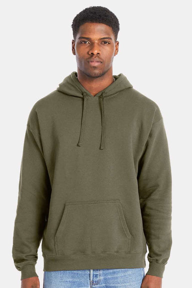 Hanes RS170 Mens Perfect Sweats Hooded Sweatshirt Hoodie w/ Pouch Pocket Fatigue Green Model Front