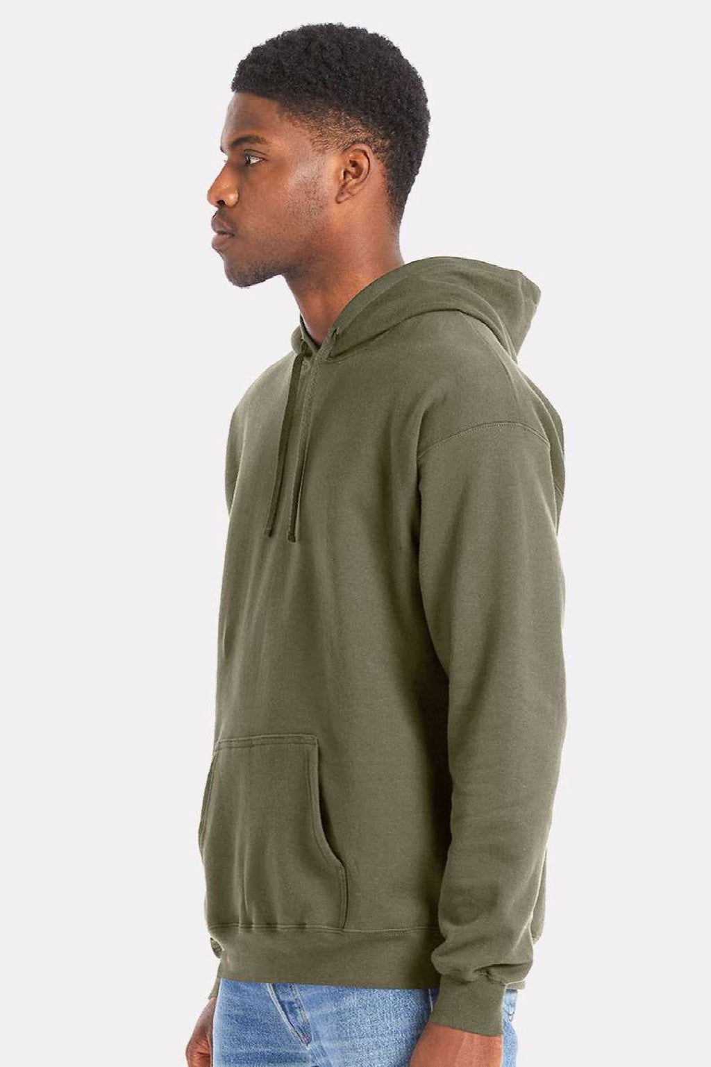 Hanes RS170 Mens Perfect Sweats Hooded Sweatshirt Hoodie w/ Pouch Pocket Fatigue Green Model Side