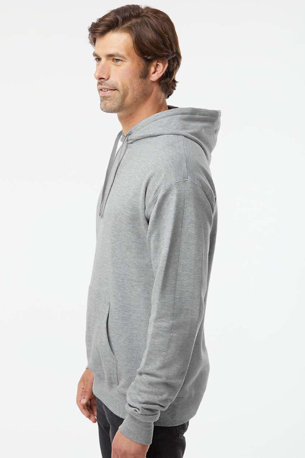 Hanes RS170 Mens Perfect Sweats Hooded Sweatshirt Hoodie w/ Pouch Pocket Light Steel Grey Model Side