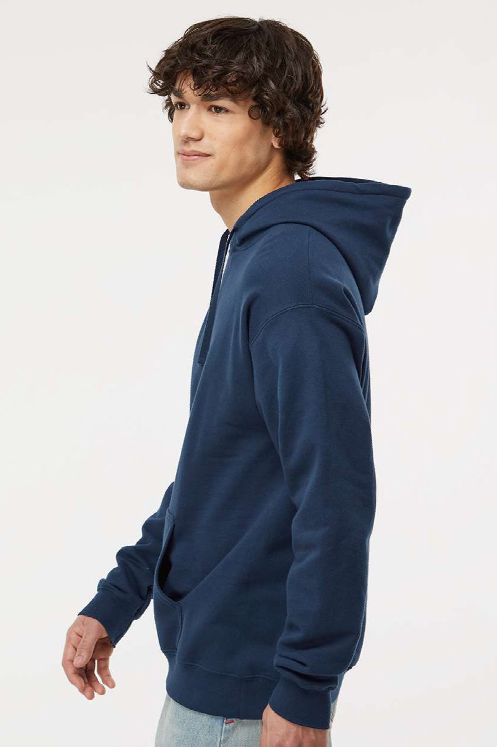 Hanes RS170 Mens Perfect Sweats Hooded Sweatshirt Hoodie w/ Pouch Pocket Navy Blue Model Side