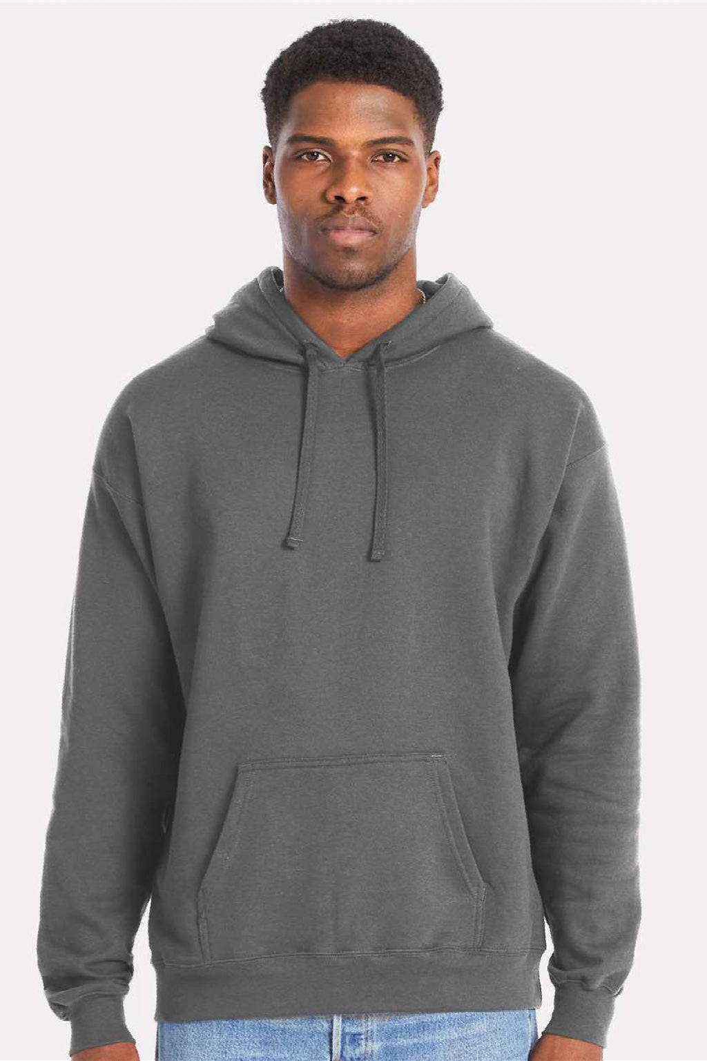 Hanes RS170 Mens Perfect Sweats Hooded Sweatshirt Hoodie w/ Pouch Pocket Smoke Grey Model Front
