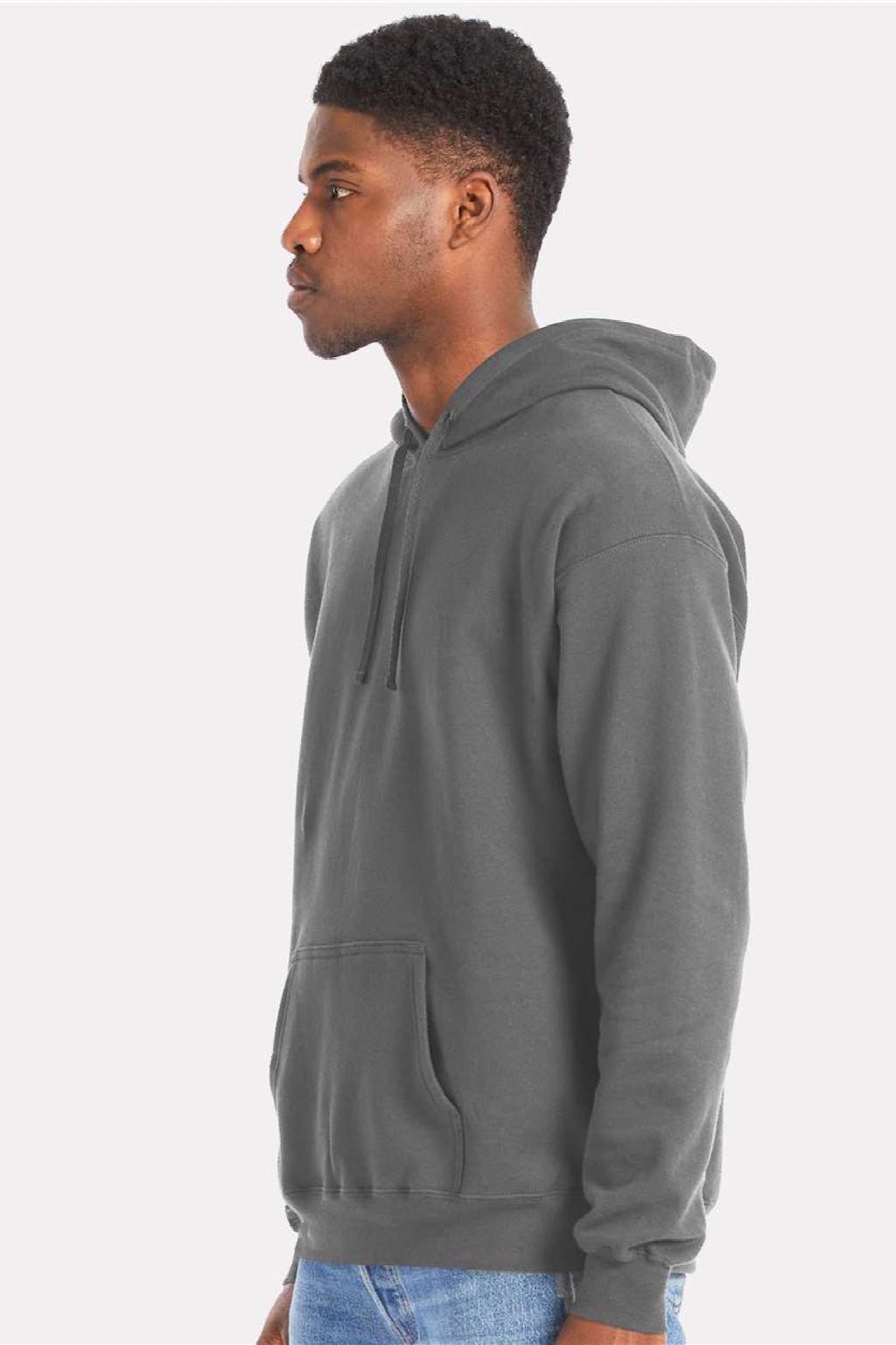 Hanes RS170 Mens Perfect Sweats Hooded Sweatshirt Hoodie w/ Pouch Pocket Smoke Grey Model Side