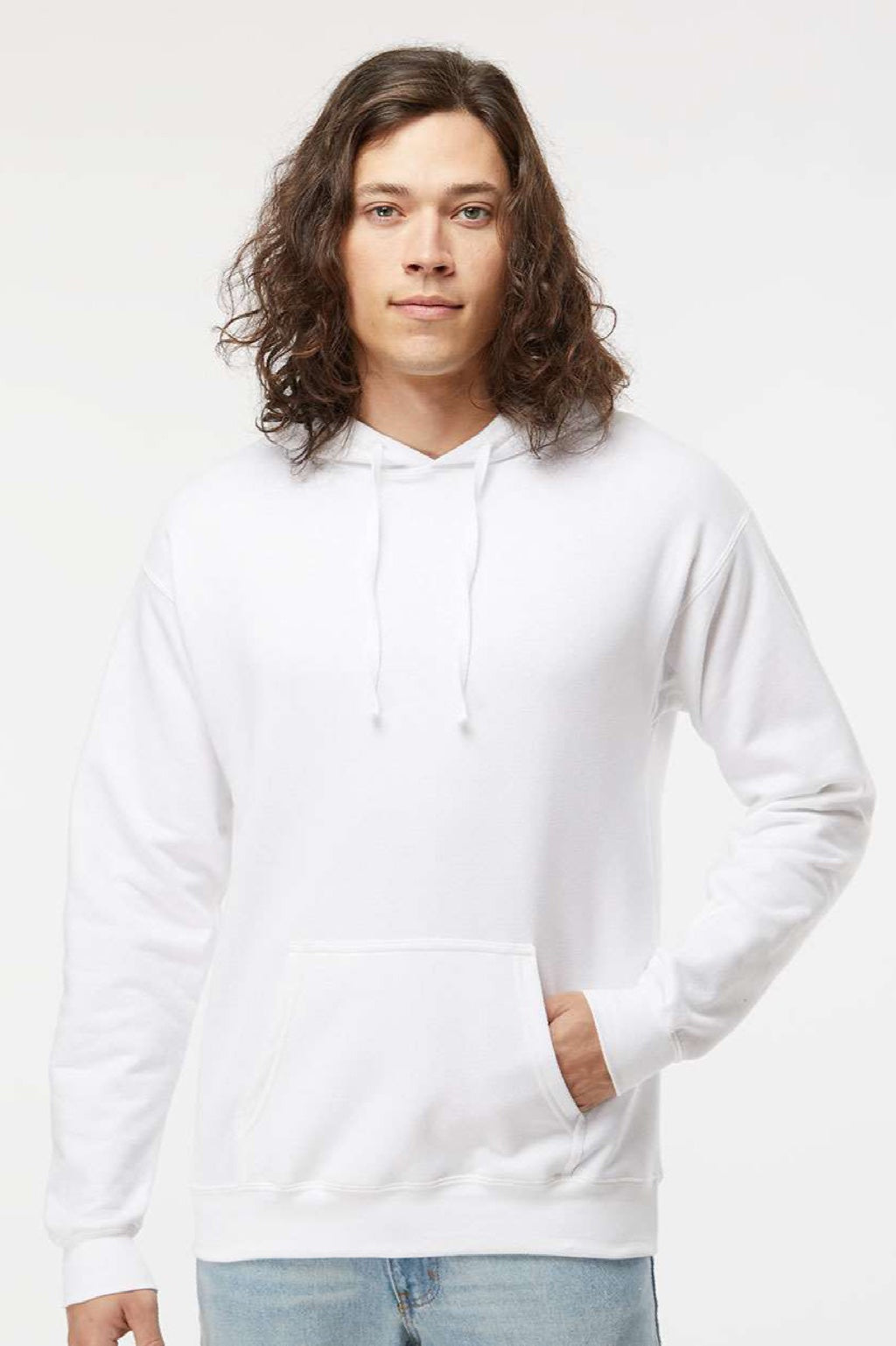 Hanes RS170 Mens Perfect Sweats Hooded Sweatshirt Hoodie w/ Pouch Pocket White Model Front