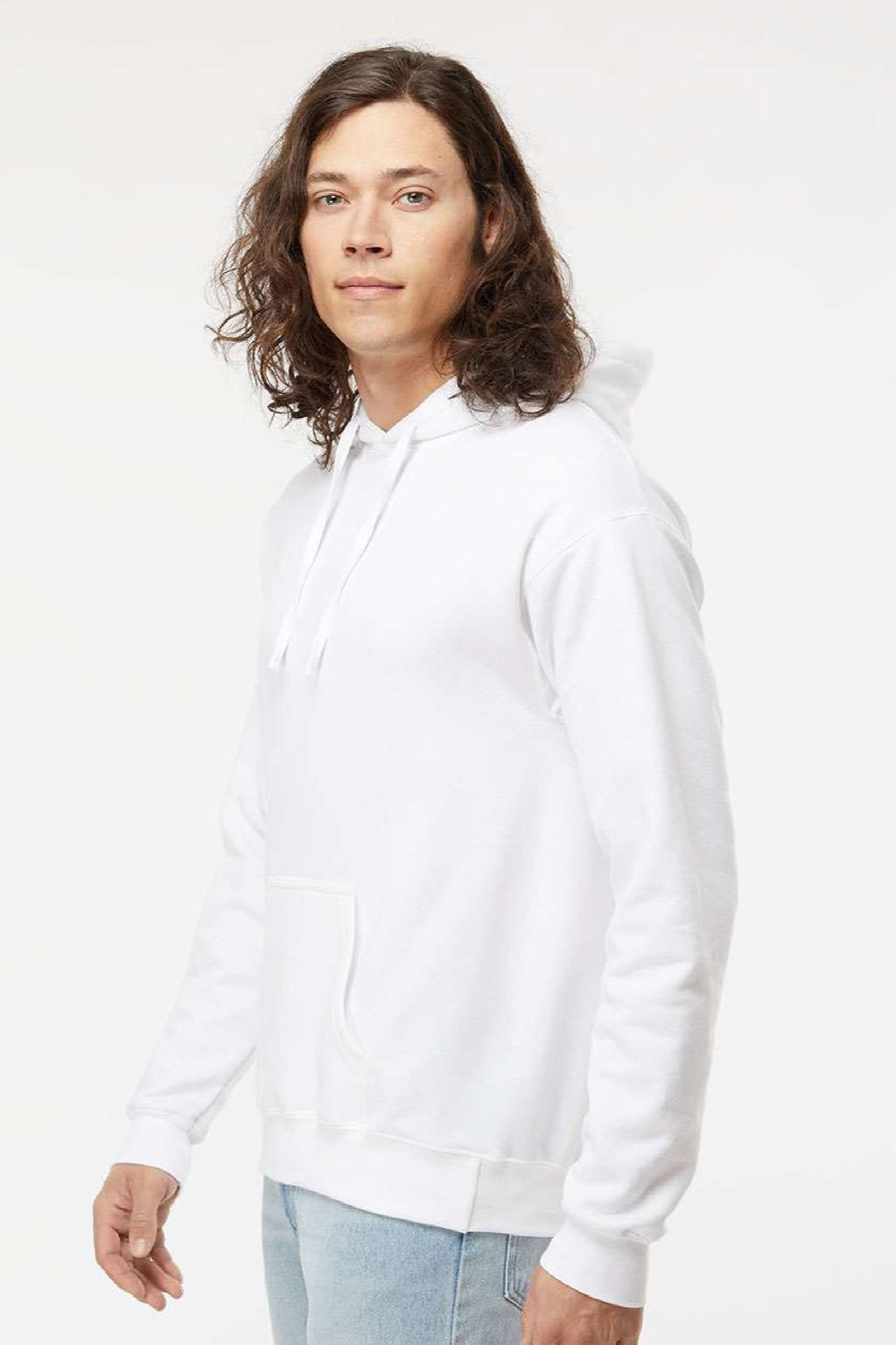 Hanes RS170 Mens Perfect Sweats Hooded Sweatshirt Hoodie w/ Pouch Pocket White Model Side