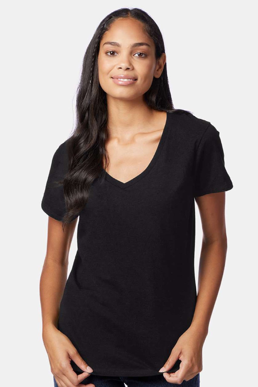 Hanes S04V Womens Perfect-T Short Sleeve V-Neck T-Shirt Black Model Front