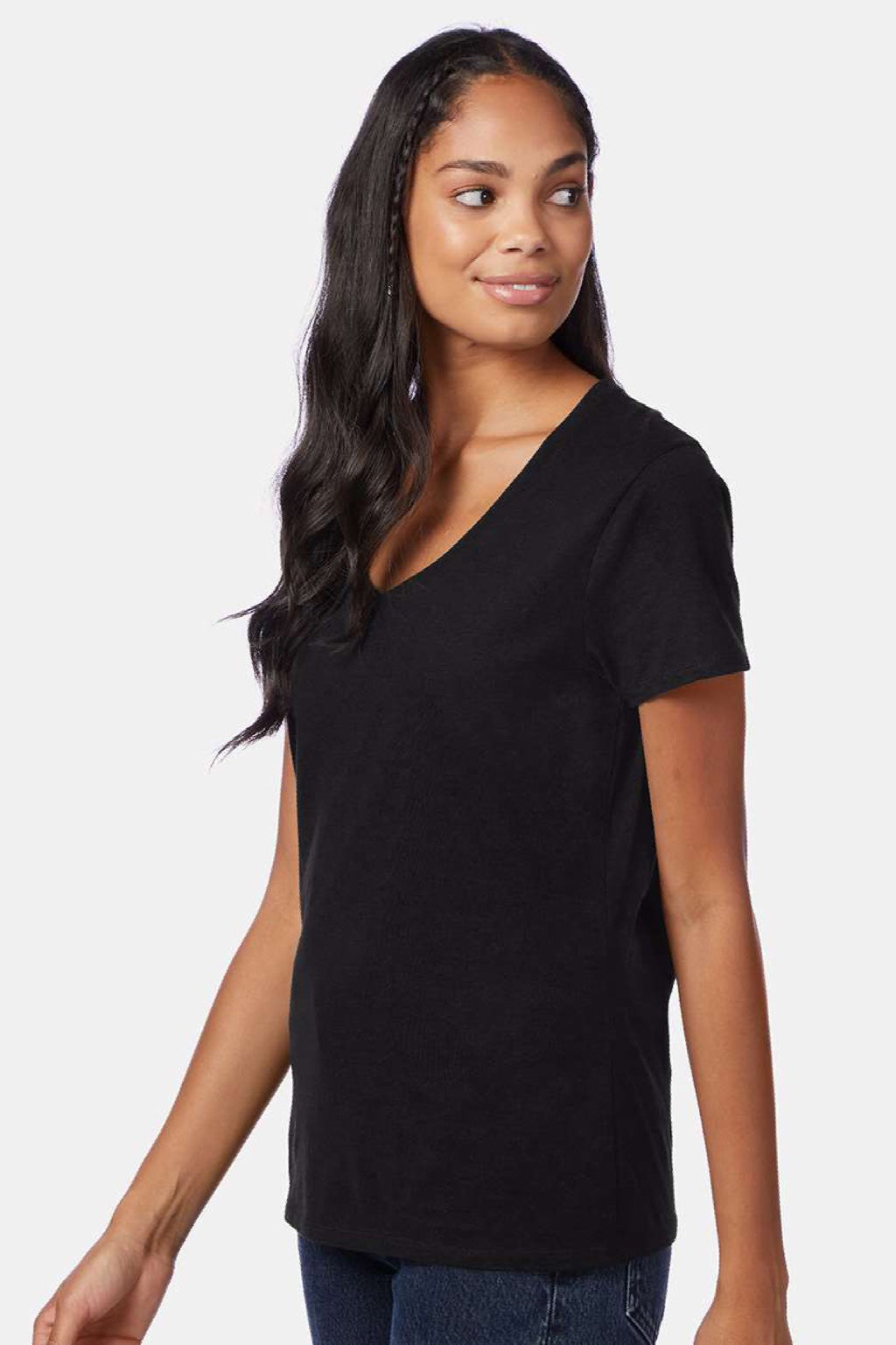 Hanes S04V Womens Perfect-T Short Sleeve V-Neck T-Shirt Black Model Side