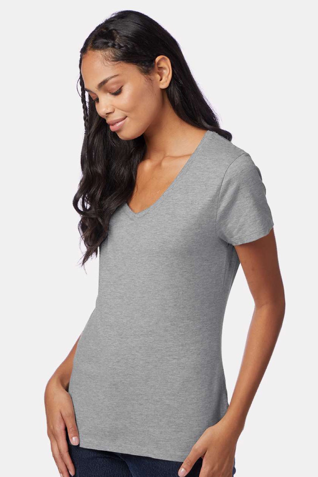 Hanes S04V Womens Perfect-T Short Sleeve V-Neck T-Shirt Light Steel Grey Model Side