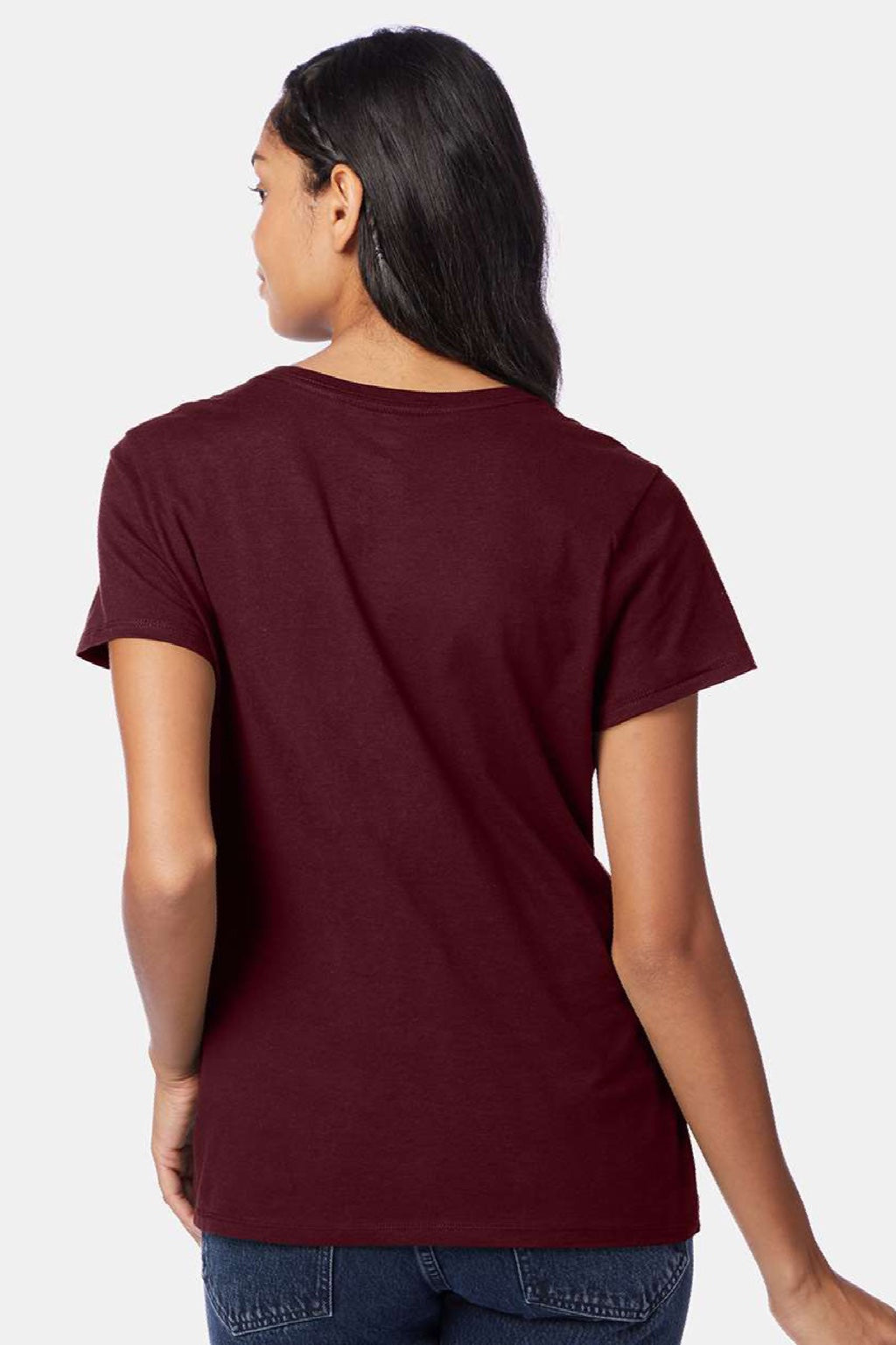 Hanes S04V Womens Perfect-T Short Sleeve V-Neck T-Shirt Maroon Model Back