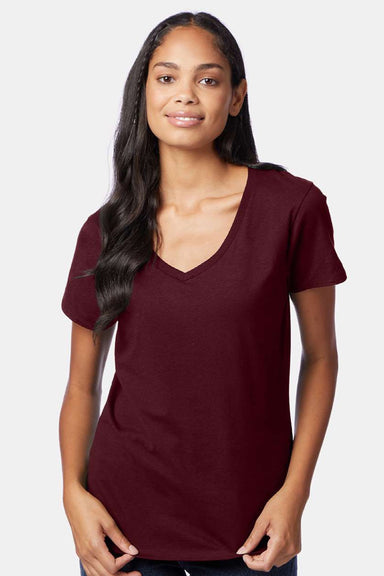 Hanes S04V Womens Perfect-T Short Sleeve V-Neck T-Shirt Maroon Model Front