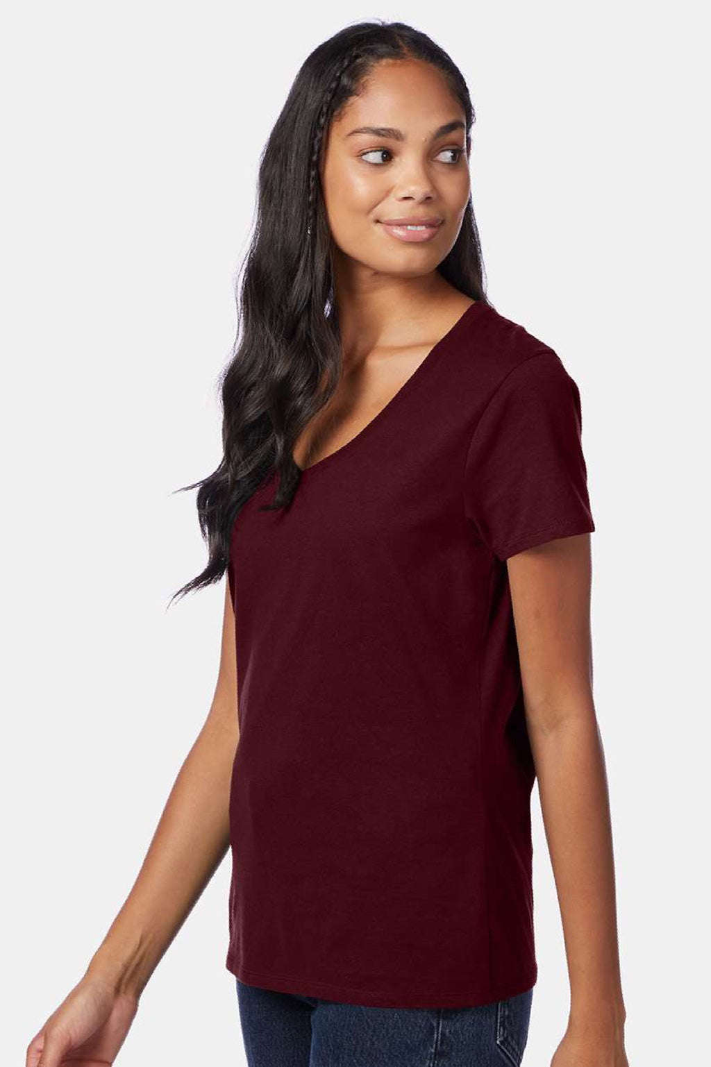 Hanes S04V Womens Perfect-T Short Sleeve V-Neck T-Shirt Maroon Model Side