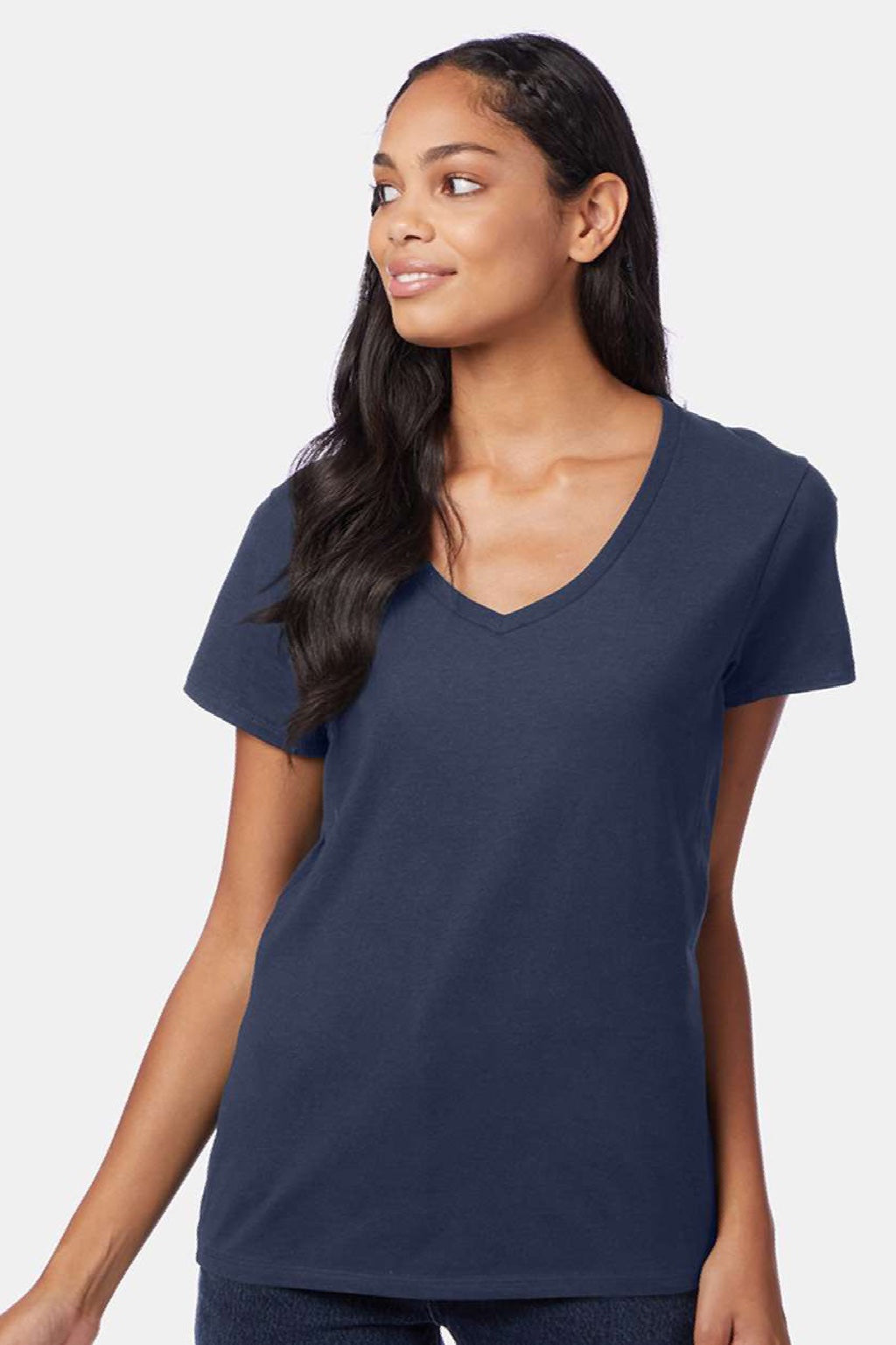 Hanes S04V Womens Perfect-T Short Sleeve V-Neck T-Shirt Navy Blue Model Front