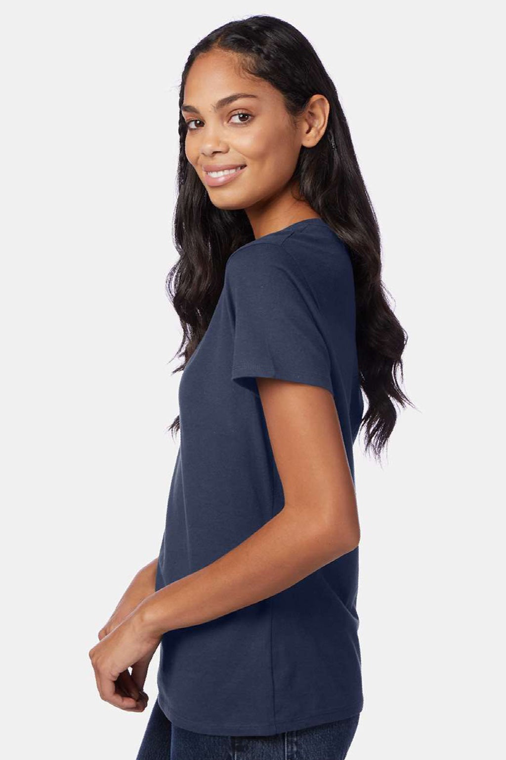 Hanes S04V Womens Perfect-T Short Sleeve V-Neck T-Shirt Navy Blue Model Side