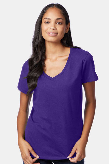 Hanes S04V Womens Perfect-T Short Sleeve V-Neck T-Shirt Purple Model Front