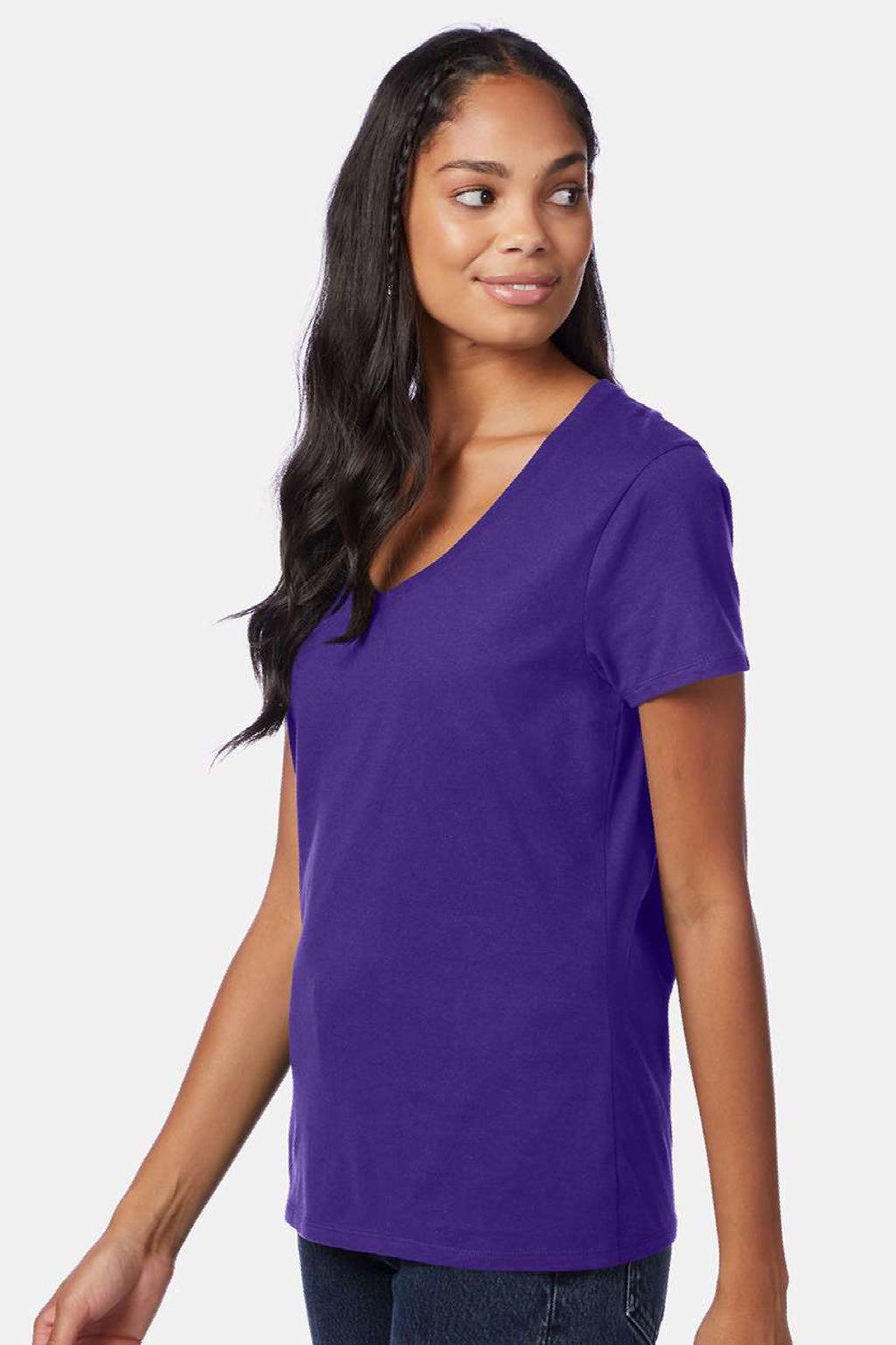 Hanes S04V Womens Perfect-T Short Sleeve V-Neck T-Shirt Purple Model Side