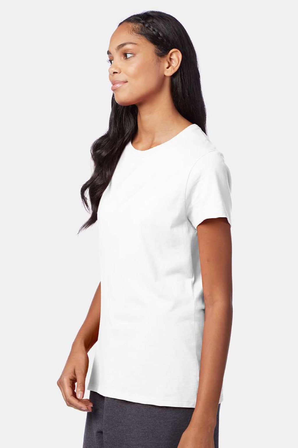 Hanes SL04 Womens Perfect-T Short Sleeve Crewneck T-Shirt White Model Side