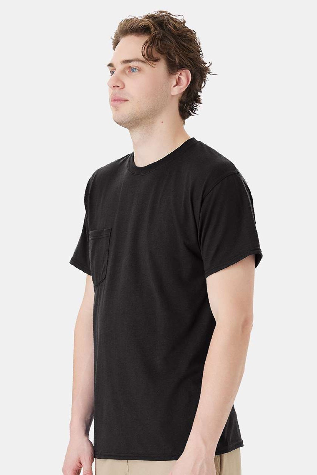 Hanes W110 Mens Workwear UPF 50+ Short Sleeve Crewneck T-Shirt w/ Pocket Black Model Side