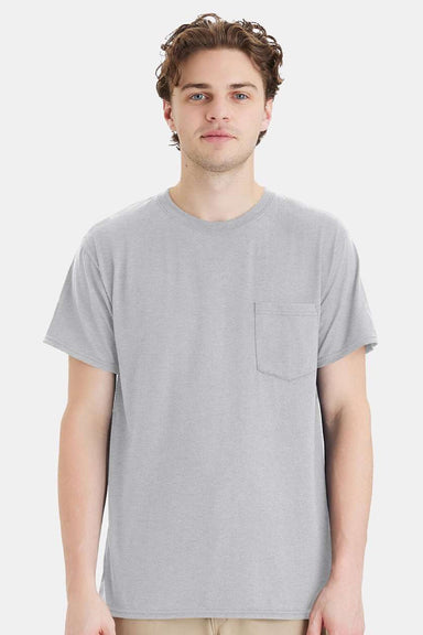 Hanes W110 Mens Workwear UPF 50+ Short Sleeve Crewneck T-Shirt w/ Pocket Light Steel Grey Model Front
